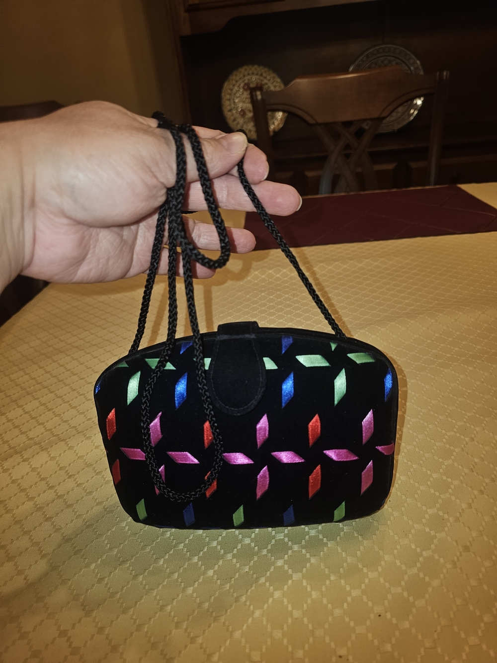 Black Velvet Multicolor Embroidered Evening Clutch with Braided Strap
